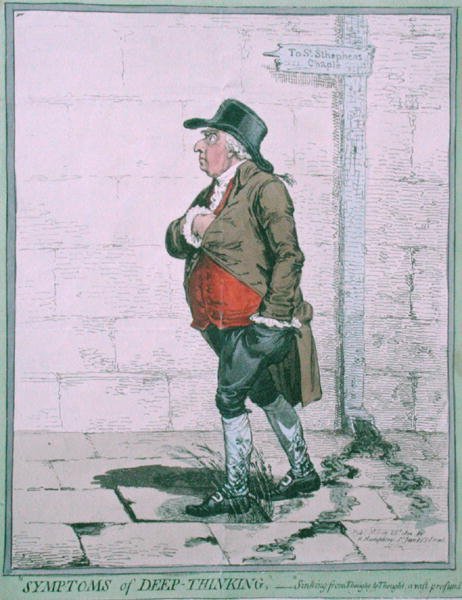 Symptoms of Deep Thinking, utgitt av Hannah Humphrey i 1800 (håndfarget etsning) av James Gillray