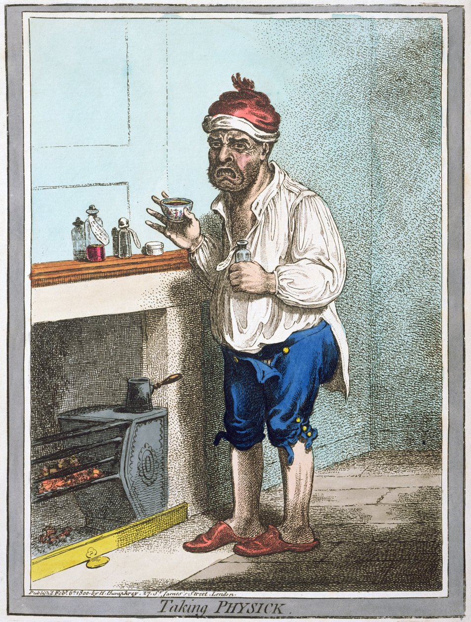 Taking Physick, utgitt av Hannah Humphrey i 1800 (håndfarget etsning) av James Gillray