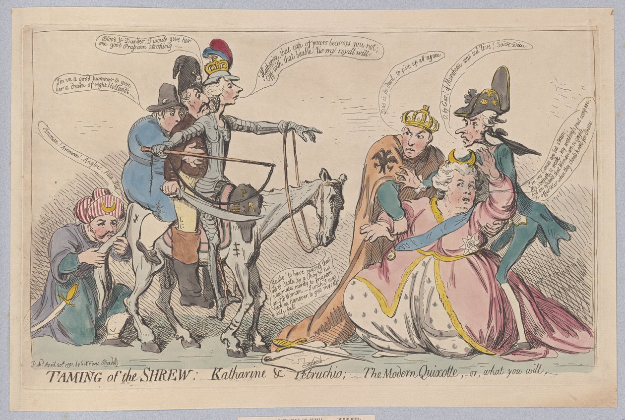 Taming of the Shrew: Katherine og Petruchio; The Modern Quixote, eller hva du vil, pub. 1791 (håndfarget gravering) av James Gillray