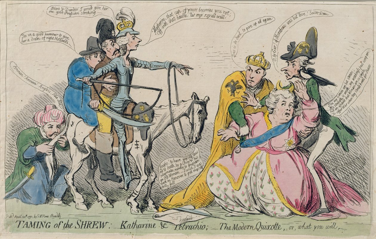 Taming of the Shrew: Katherine und Petruchio, eller The Modern Quixote, utgitt av S.W. Fores i 1791 (håndfarget etsning) av James Gillray