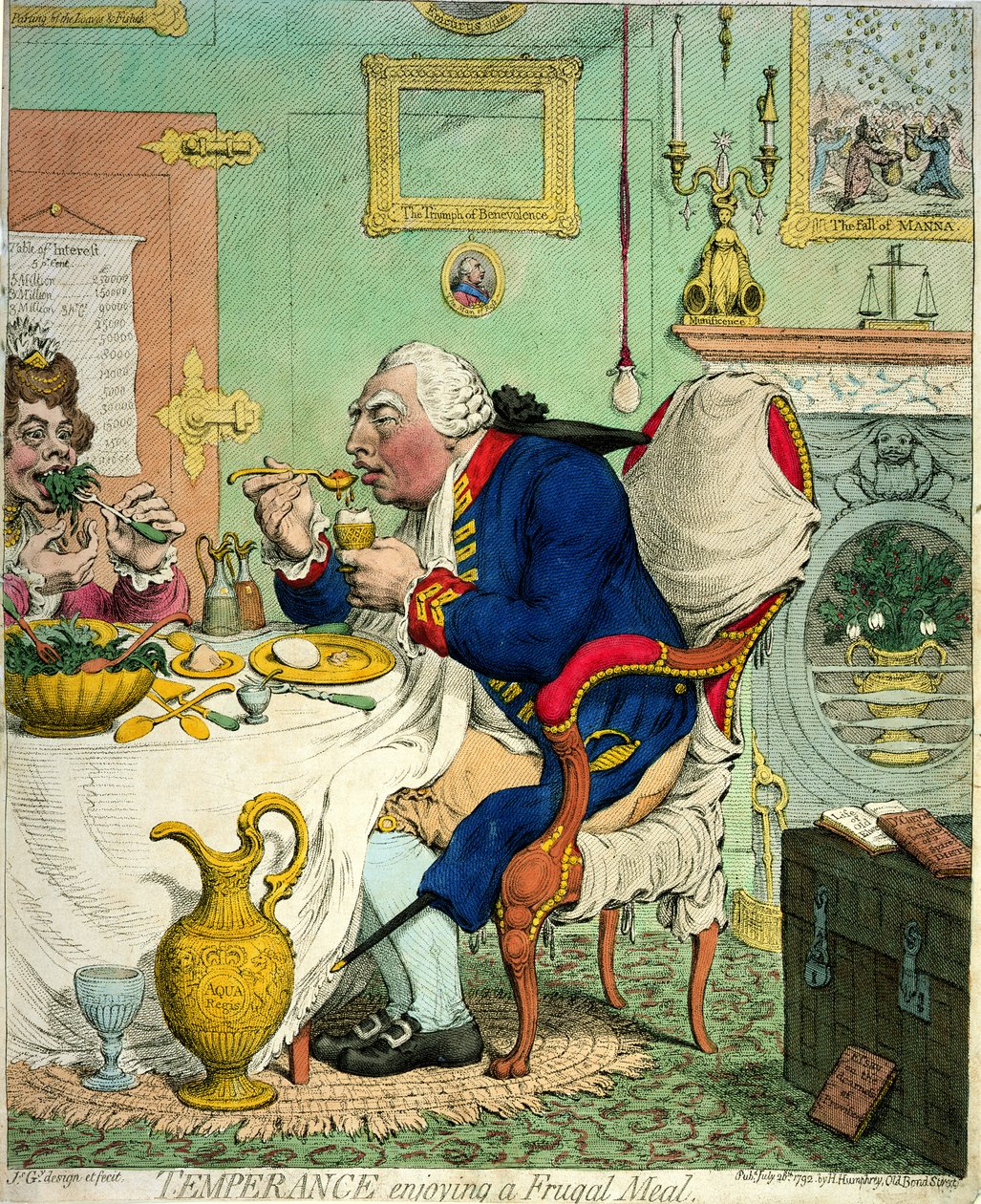 Temperance enjoying a Frugal Meal, utgitt av Hannah Humphrey, 1792 av James Gillray
