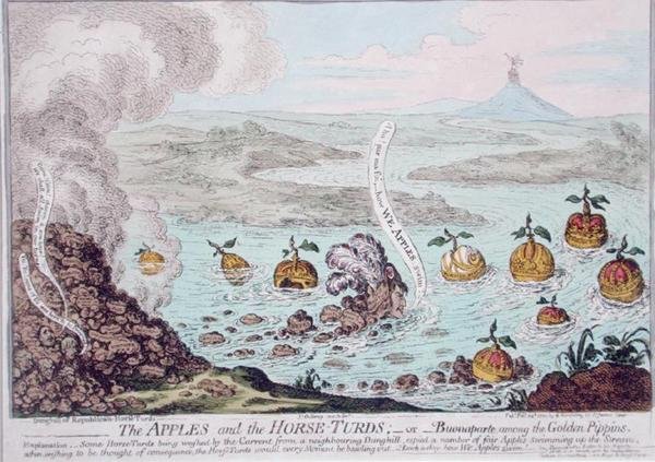 The Apples and the Horse-Turds, eller Buonaparte Among the Golden Pippins, utgitt av Hannah Humphrey i 1800 (håndfarget etsning) av James Gillray