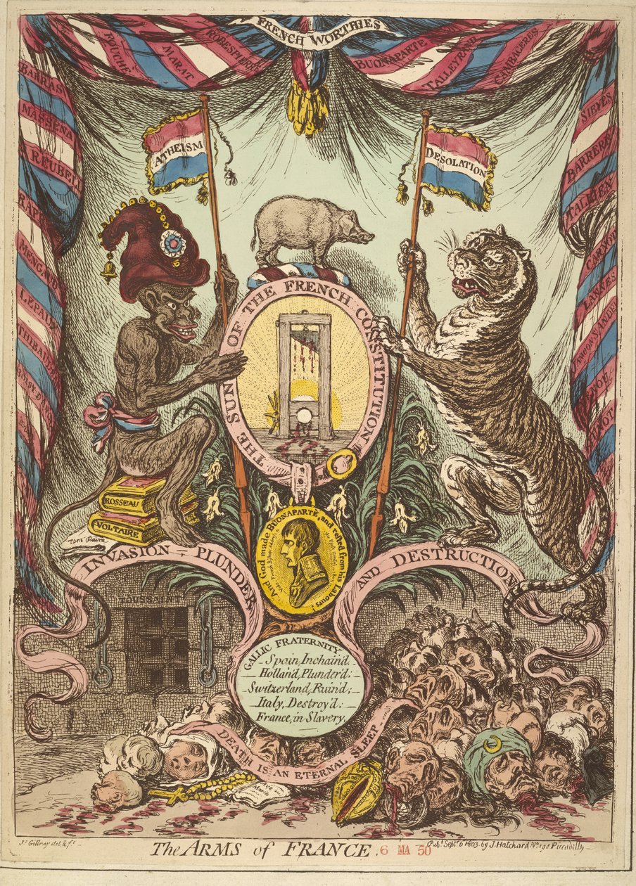 The Arms of France, illustrasjon fra "Lojale og patriotiske håndsedler, sanger, adresser osv. om Bonapartes truede invasjon av Storbritannia" publiserte London av James Gillray