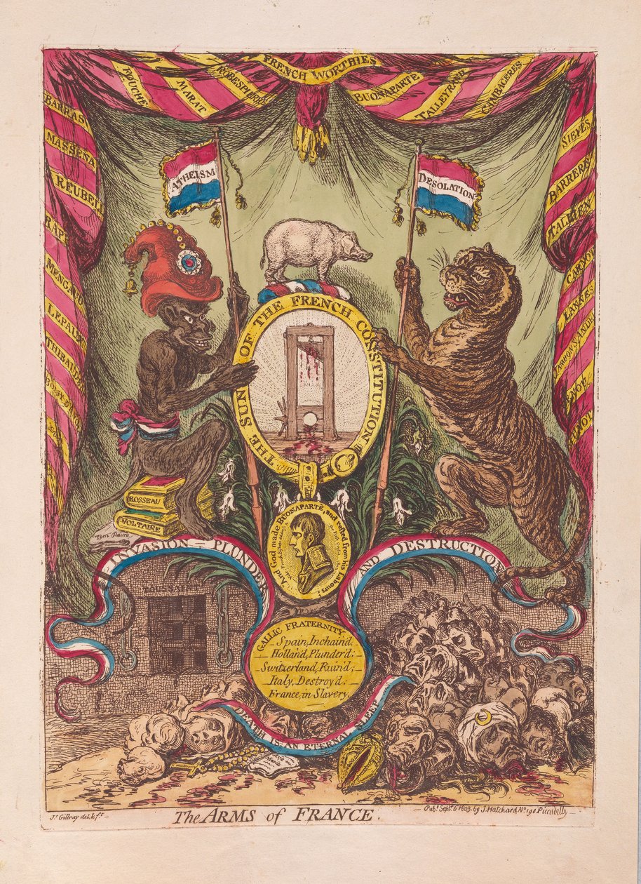 The Arms of France, pub. 1805 (håndfarget gravering) av James Gillray