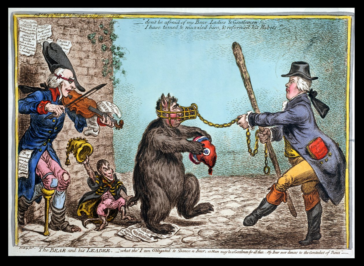 The Bear and his Leader , utgitt av Hannah Humphrey i 1806 (håndfarget etsning) av James Gillray