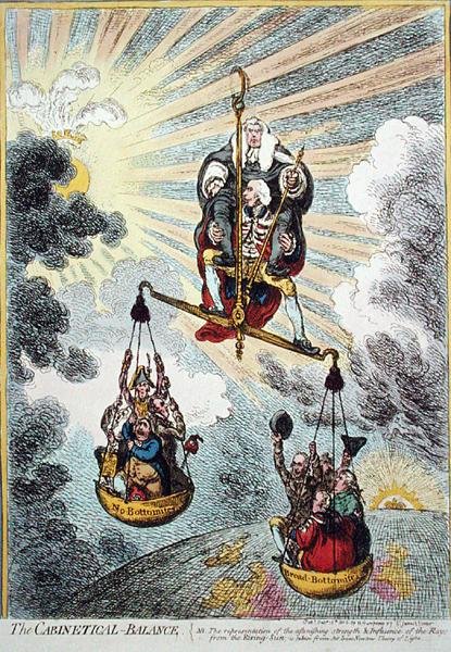 The Cabinetical Balance , utgitt av Hannah Humphrey i 1806 (håndfarget etsning) av James Gillray