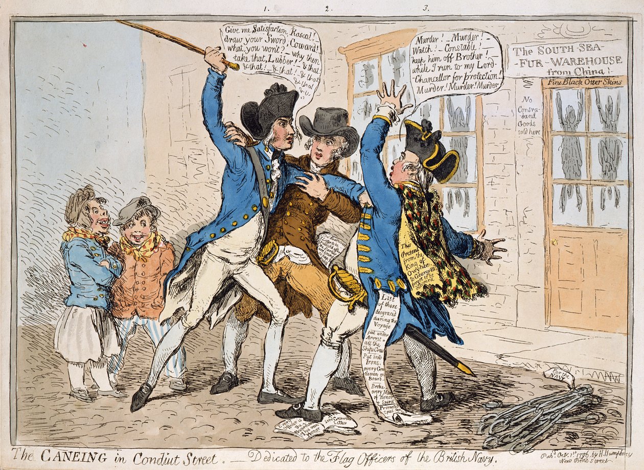The Caneing in Conduit Street, utgitt av Hannah Humphrey, 1796 (håndfarget etsning) av James Gillray