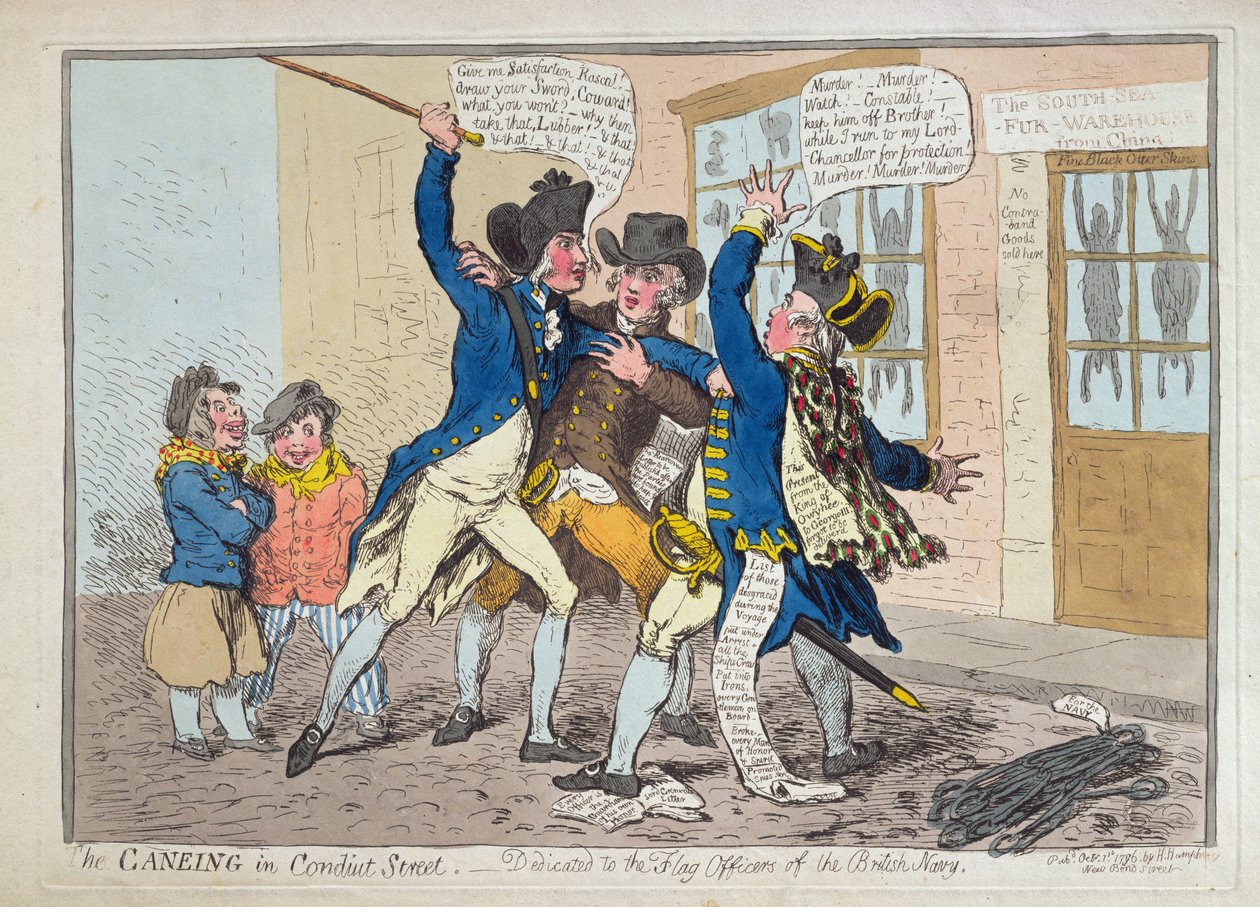 The Caneing in Conduit Street, utgitt av Hannah Humphrey i 1796 (håndfarget etsning) av James Gillray