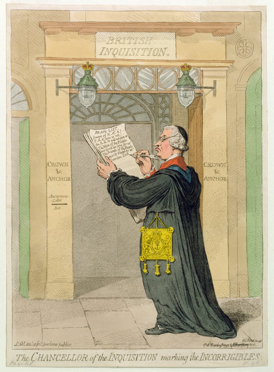 Inkvisisjonens kansler som markerer de uforbederlige, utgitt av Hannah Humphrey i 1793 (håndfarget etsning) av James Gillray