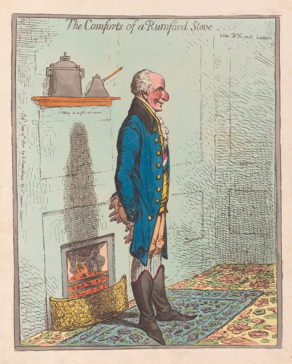 The Comforts of a Rumford Stove, pub 1800 (håndfarget gravering) av James Gillray