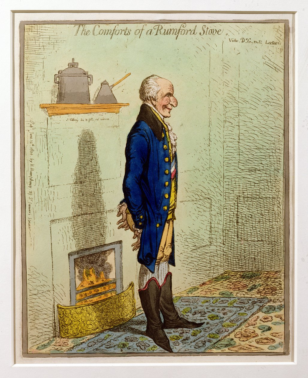 The Comforts of a Rumford Stove, pub. av Hannah Humphrey, 1800 (etsing og wc) av James Gillray