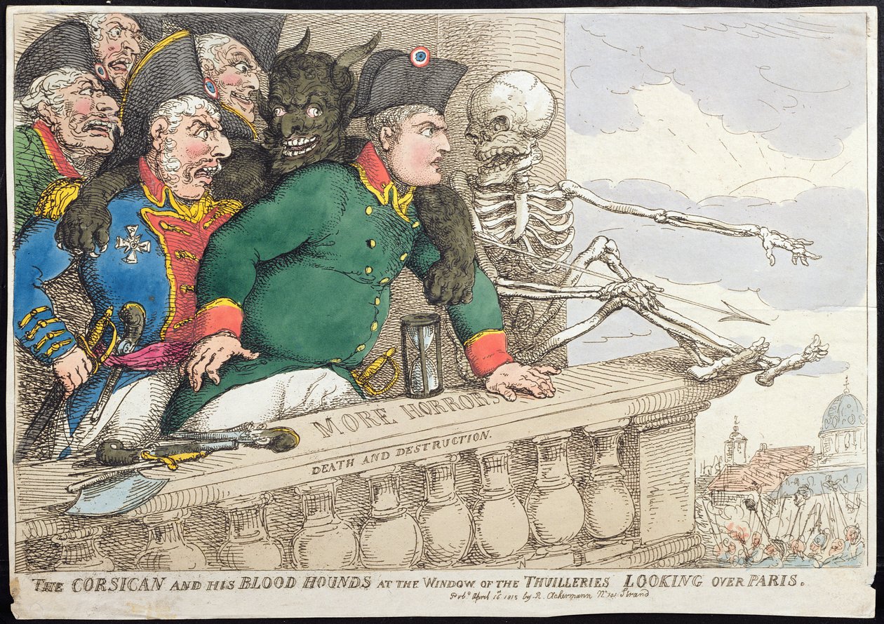 The Corsican and his Blood Hounds at the Window of the Tuileries, Looking over Paris, utgitt av Hannah Humphrey i 1815 (håndfarget etsning) av James Gillray