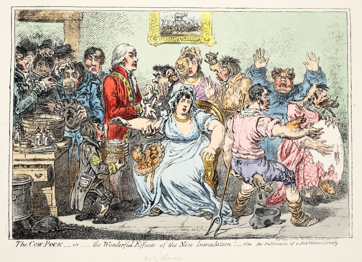 Cow Pock eller fantastiske effekter av den nye innokulasjonen! Se publikasjonene til antivaksinesamfunnet, pub av H. Humphreys av James Gillray
