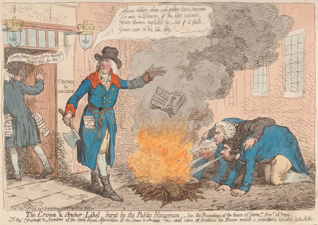 The Crown & Anchor - Injuriesak, brent av den offentlige bøddelen (fra: Caricature, bind 1) av James Gillray