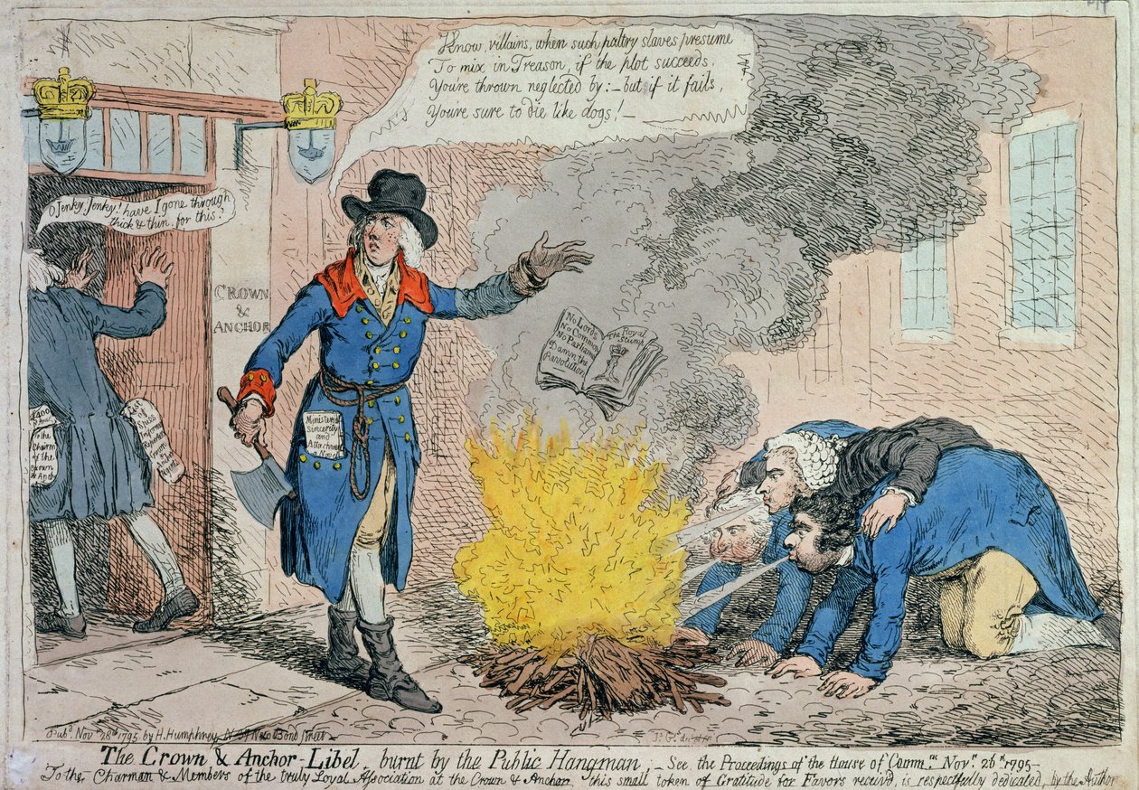 The Crown und Anchor Libel brent av Public Hangman, utgitt av Hannah Humphrey i 1795 (håndfarget etsning) av James Gillray