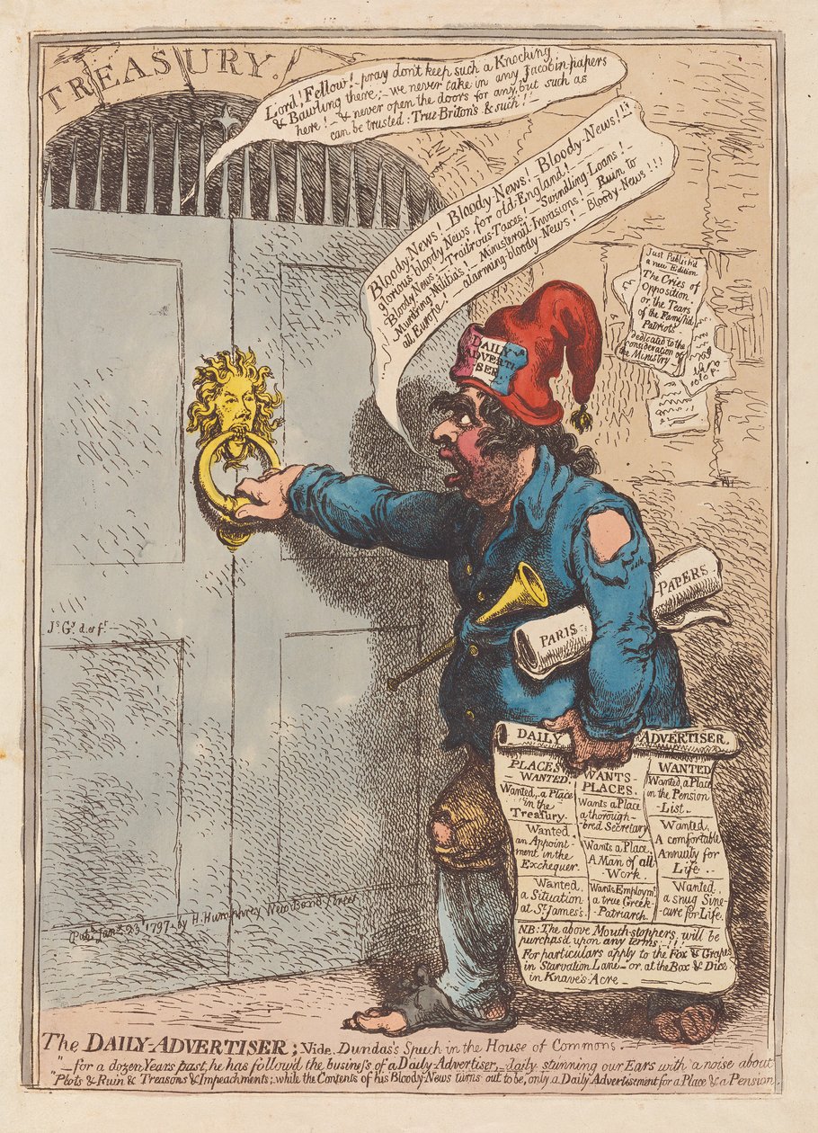 The Daily Advertiser, pub. 1797 (håndfarget gravering) av James Gillray