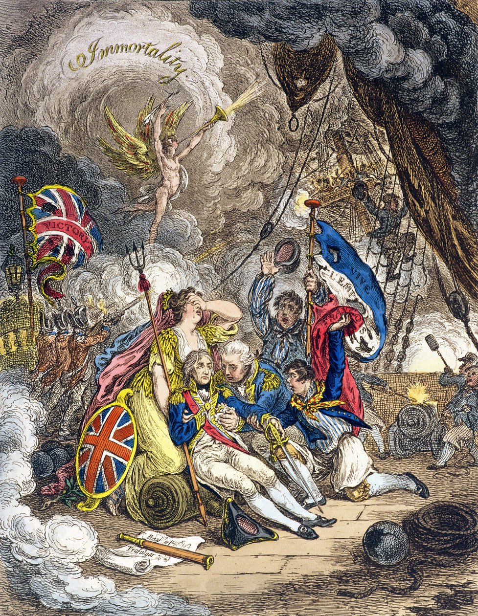 Admiral Lord Nelsons død i seiersøyeblikket! utgitt av Hannah Humphrey i 1805 (håndfarget etsning) av James Gillray