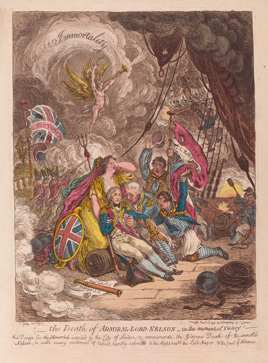 The Death of Admiral Lord Nelson, in the moment of Victory, pub. 1805 (håndfarget gravering) av James Gillray