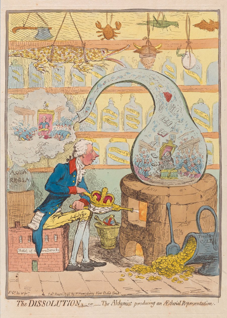 The Dissolution or The Alchymist produserer en Aetherial Representation, pub. 1796 (håndfarget gravering) av James Gillray