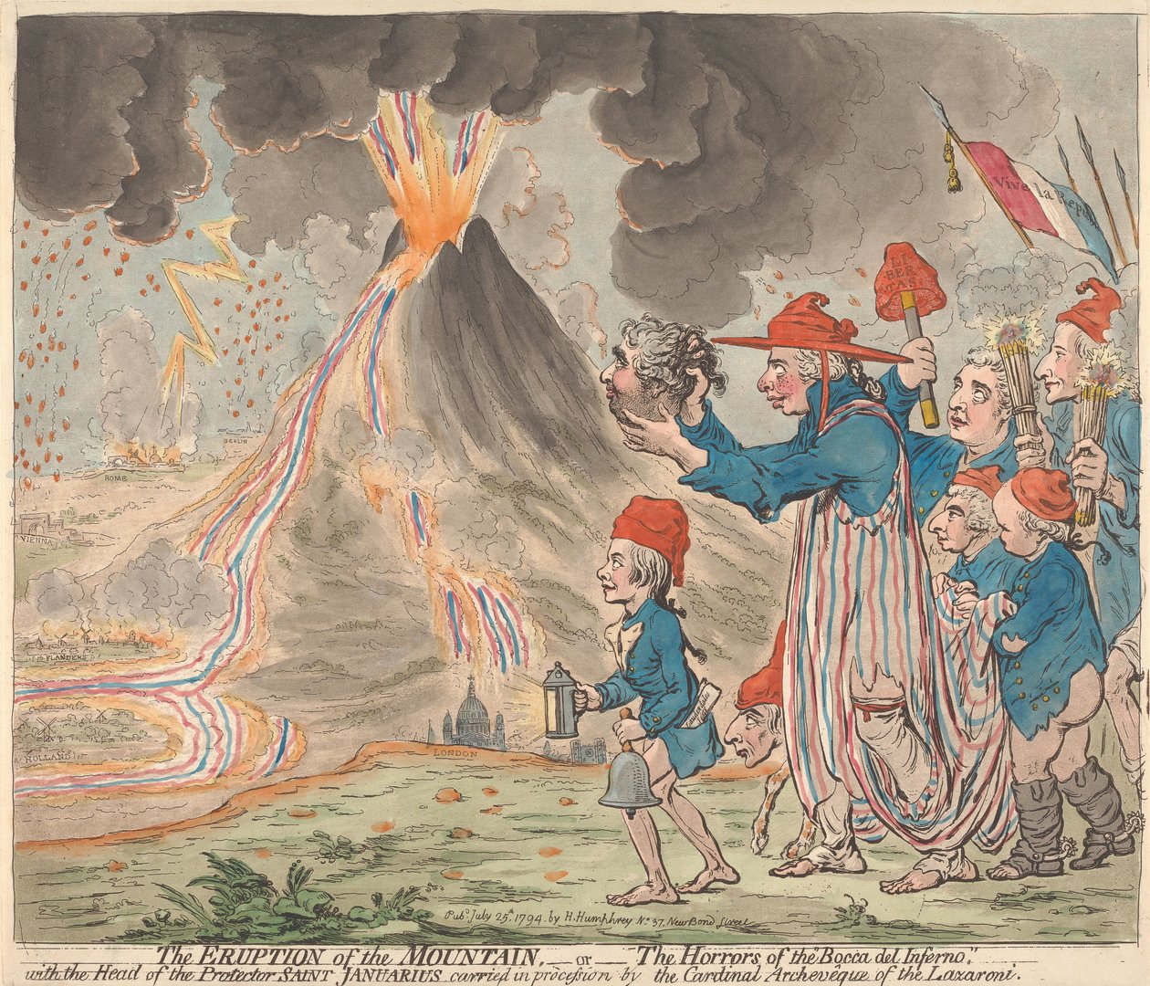 Fjellets utbrudd - eller - Skrekkene ved Bocca del Inferno - med hodet til skytshelgenen Januarius båret i prosesjoner ved kardinalerkebiskopen for Lazzaroni av James Gillray