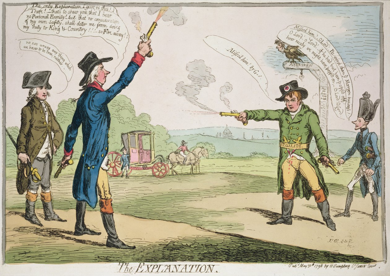 Forklaringen, utgitt av Hannah Humphrey, 1787 håndfarget etsning av James Gillray