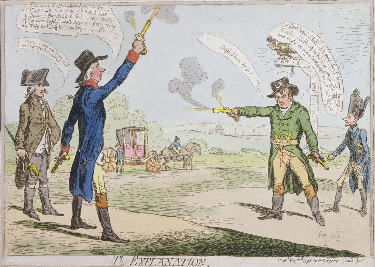 Forklaringen, utgitt av Hannah Humphrey i 1798 (håndfarget etsning) av James Gillray
