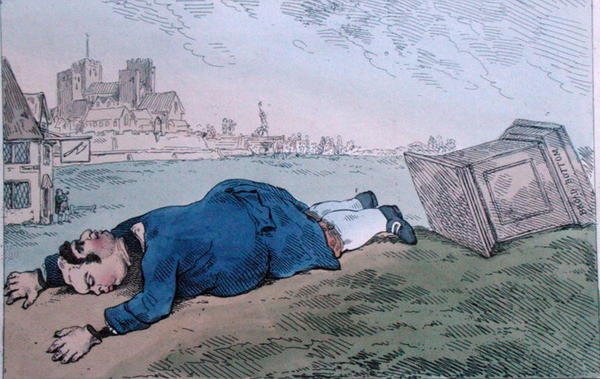 The Fall of Dagon, eller Rare News for Leadenhall Street, utgitt av William Humphrey i 1784 (håndfarget etsning) av James Gillray