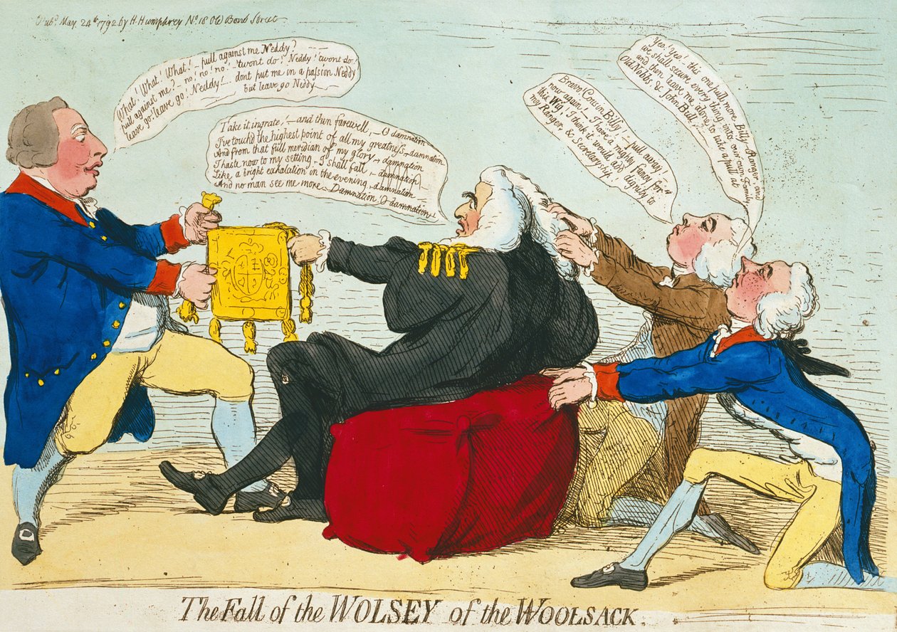 The Fall of the Wolsey of the Woolsack, utgitt av Hannah Humphrey i 1792 (håndfarget etsning) av James Gillray