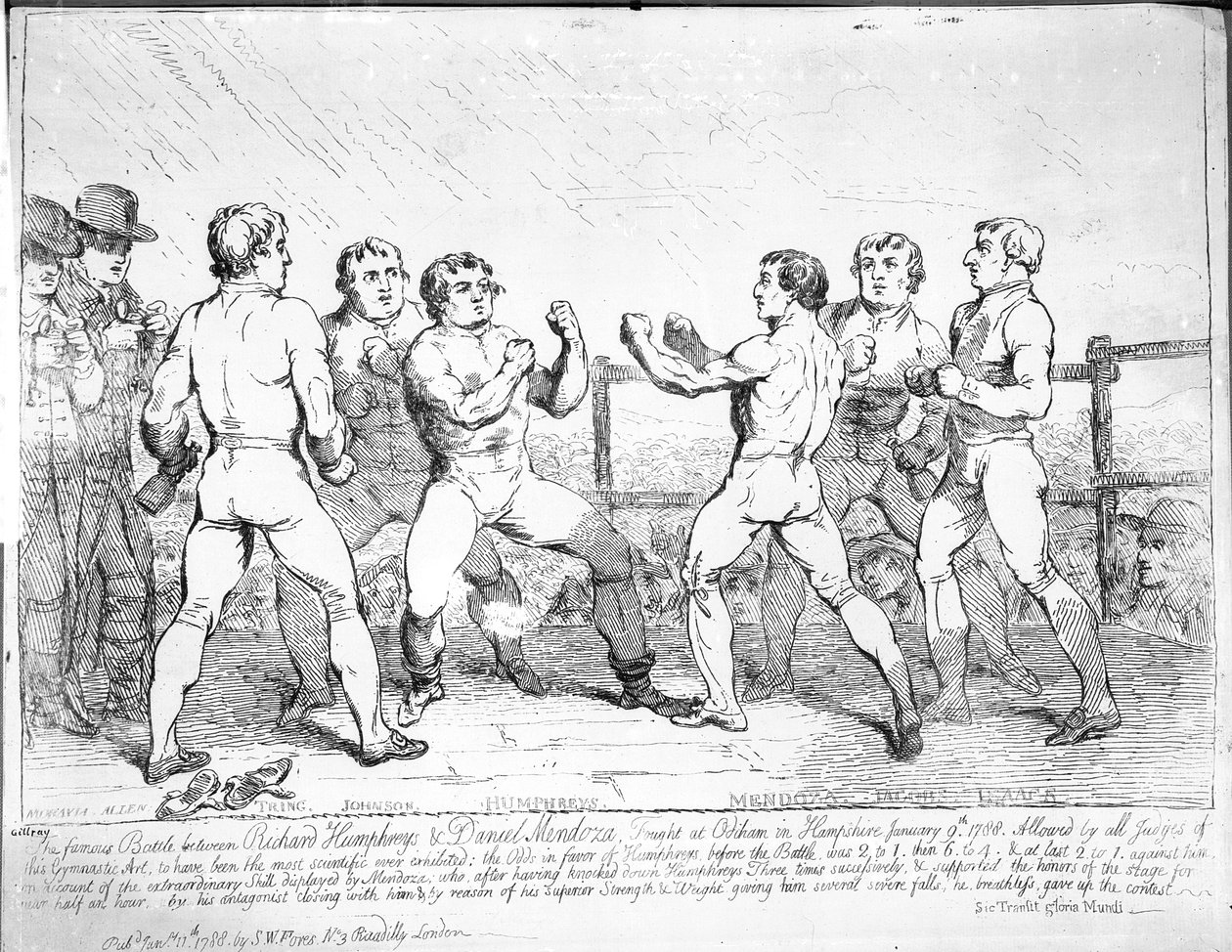 Det berømte slaget mellom Richard Humphreys og Daniel Mendoza, 9. januar 1788 av James Gillray