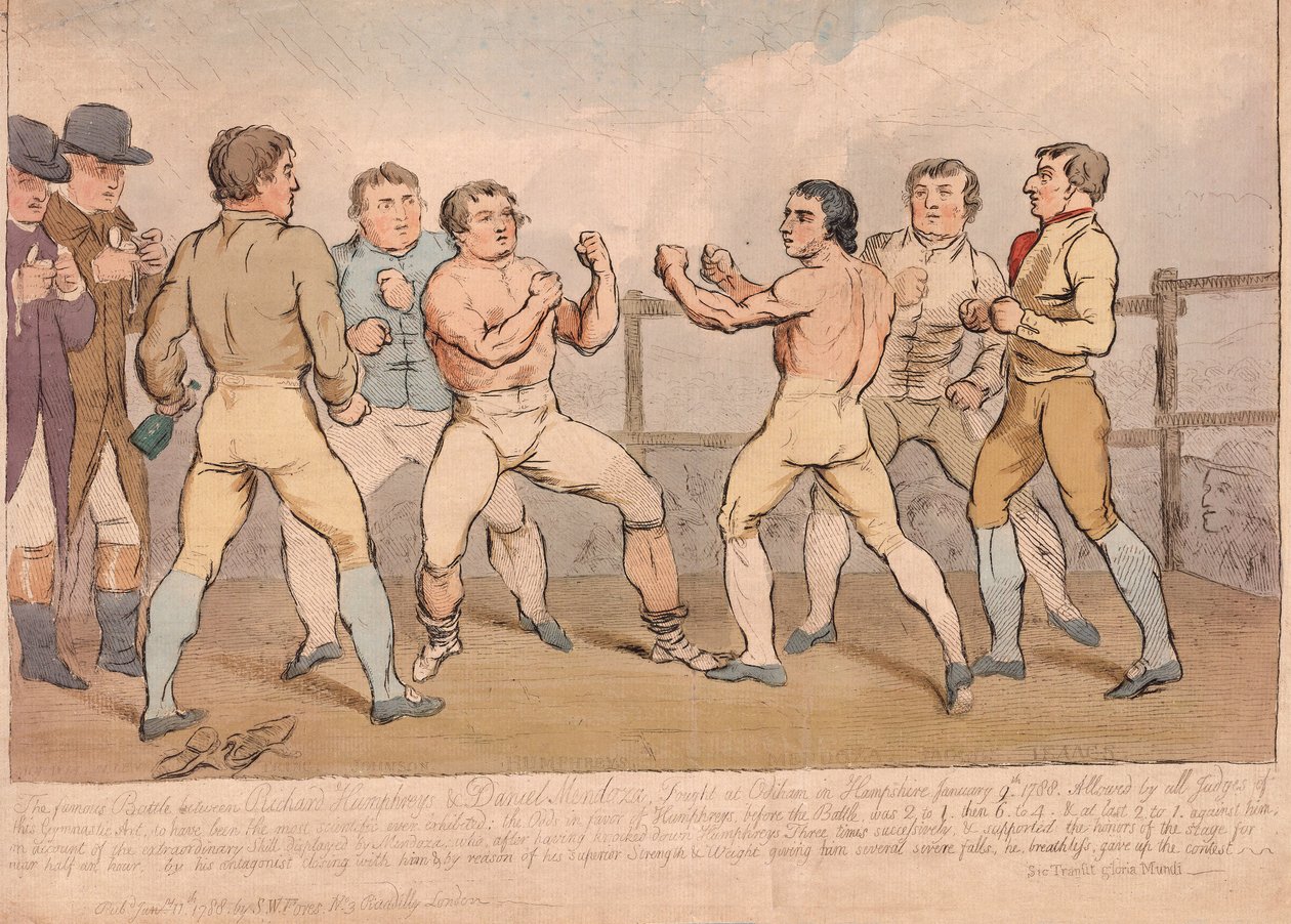 Den berømte kampen mellom Richard Humphreys og Daniel Mendoza, 9. januar 1788, pub. 1788 (håndfarget gravering) av James Gillray