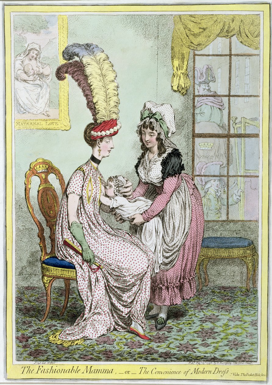 The Fashionable Mamma, eller The Convenience of Modern Dress, utgitt i 1796 (farget gravering) av James Gillray