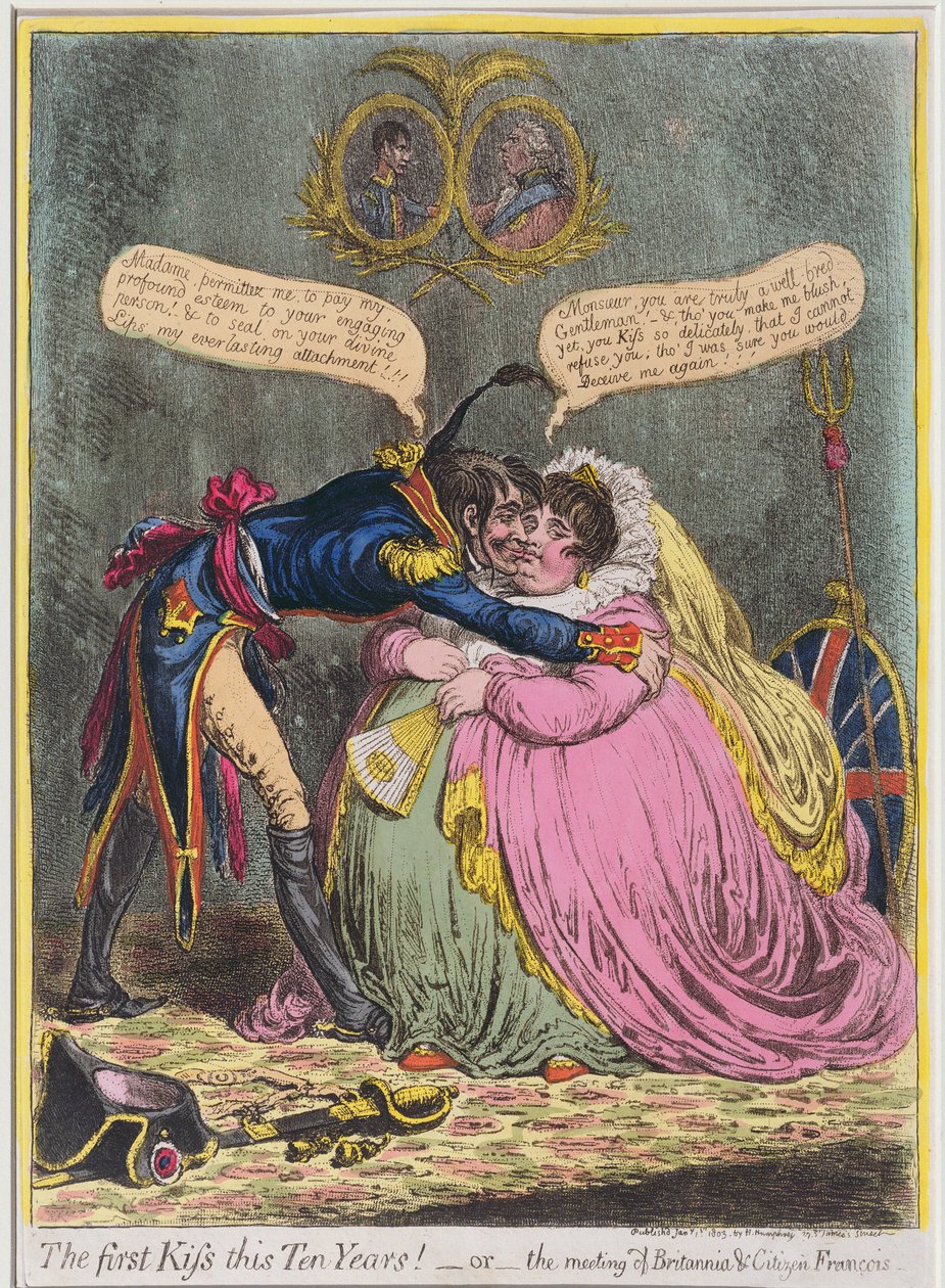 Det første kysset på ti år! eller The Meeting of Britannia und Citizen Francois, utgitt av Hannah Humphrey i 1803 (håndfarget etsning med akvatint) av James Gillray