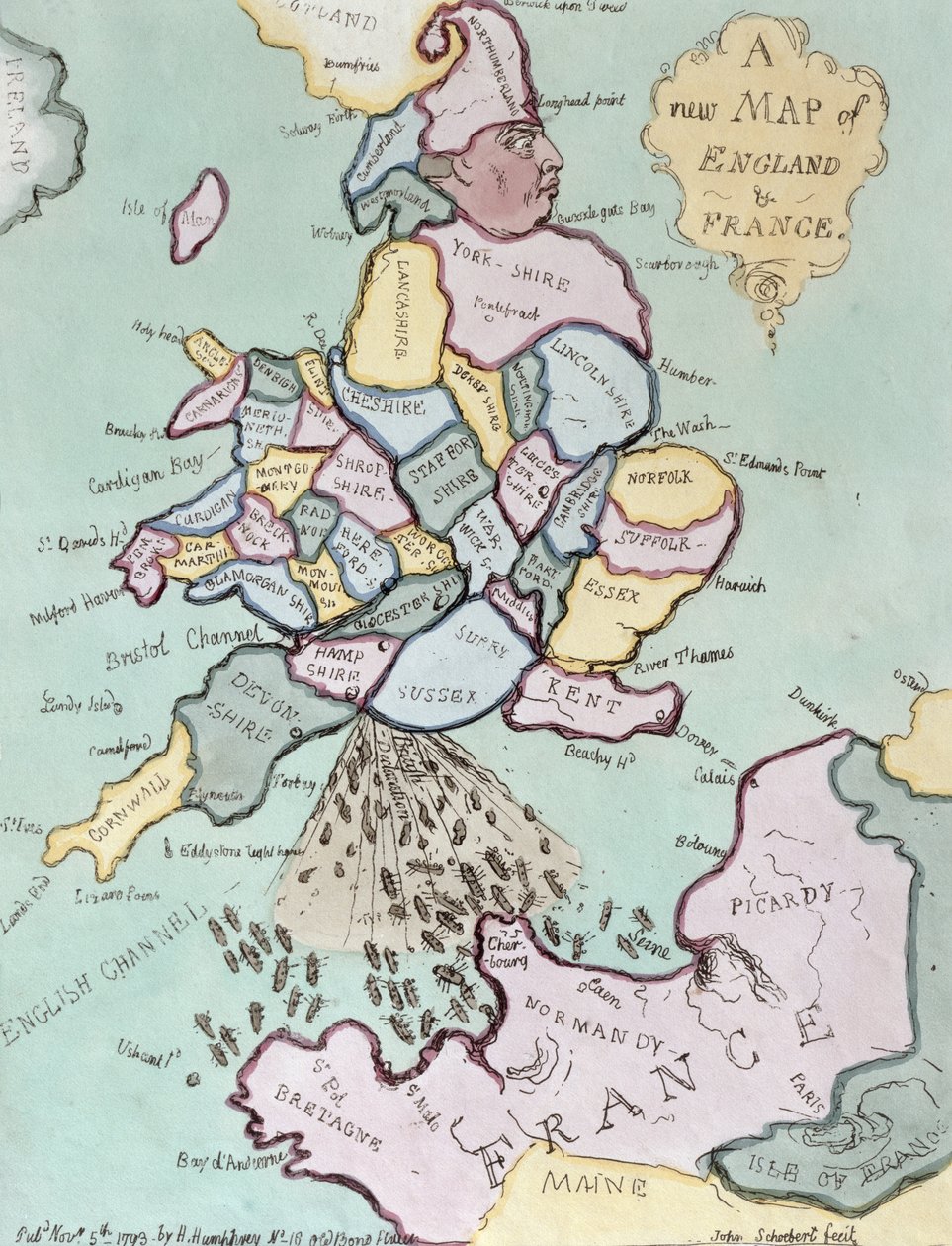 Den franske invasjonen, eller John Bull Bombarding the Bum-Boats, utgitt av Hannah Humphrey i 1793 (håndfarget etsning) av James Gillray