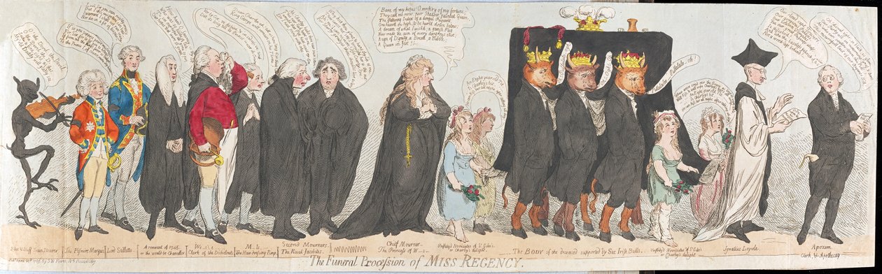 The Funeral Procession of Miss Regency, pub. 1789 (håndfarget gravering) av James Gillray