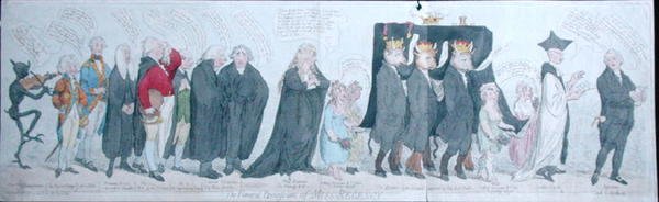 The Funeral Procession of Miss Regency, utgitt av S.W. Fores i 1789 (håndfarget etsning) av James Gillray