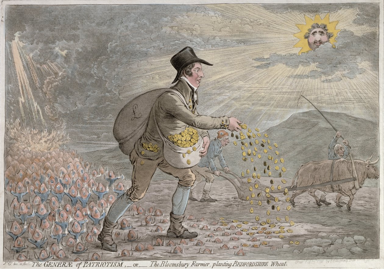 The Generae of Patriotism, eller The Bloomsbury Farmer som planter Bedfordshire Wheat, utgitt av Hannah Humphrey i 1796 (håndfarget etsning) av James Gillray