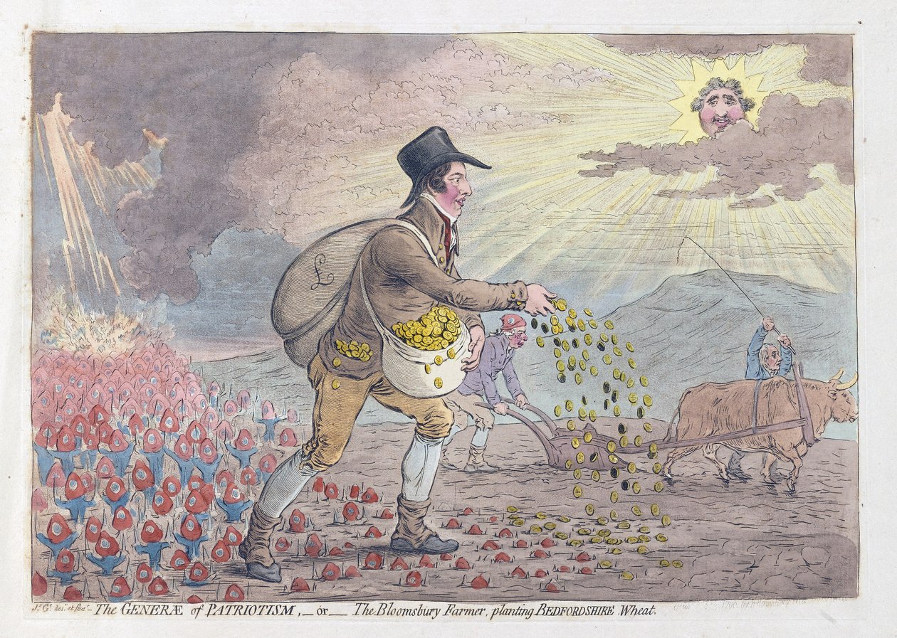 The Generae of Patriotism, eller The Bloomsbury Farmer som planter Bedfordshire Wheat, pub. 1796 (håndfarget gravering) av James Gillray