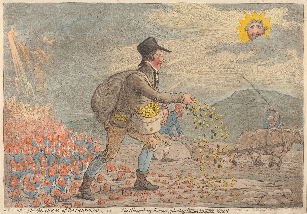 Patriotismens general - eller - Bloomsbury-bonden, som planter hvete fra Bedfordshire av James Gillray