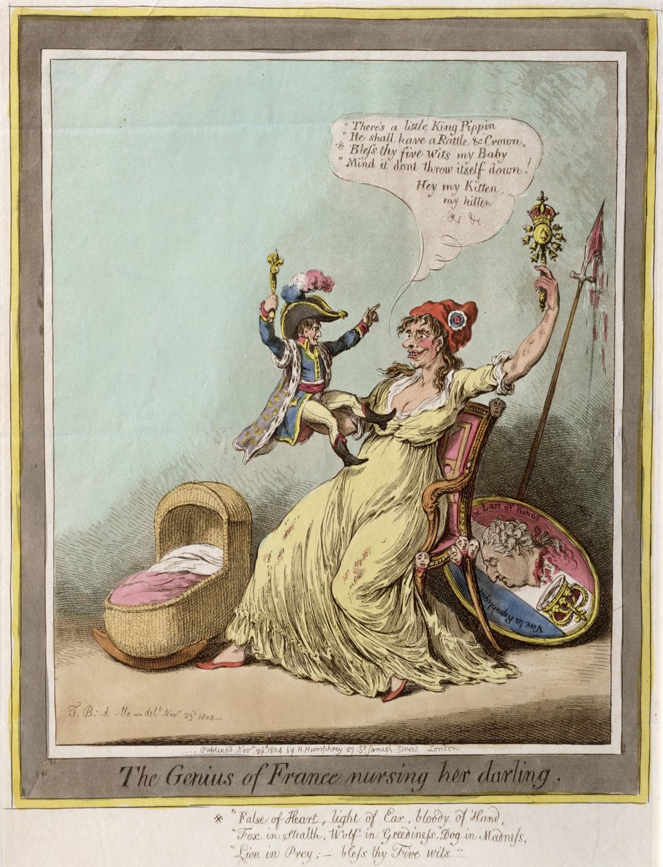 The Genius of France Nursing her Darling, utgitt av Hannah Humphrey i 1804 (håndkolorert etsning) av James Gillray