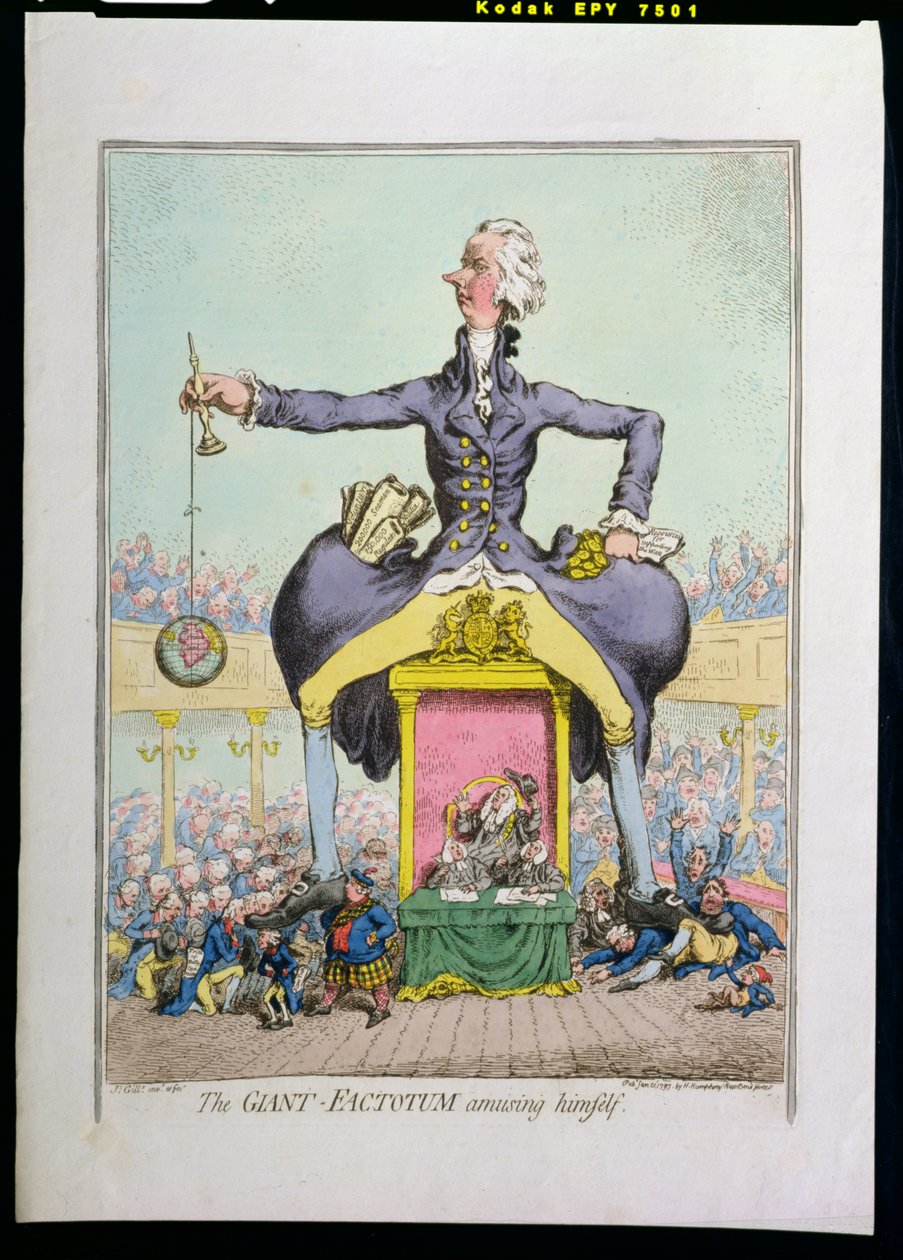 The Giant Factotum som underholder seg selv, utgitt av Hannah Humphrey i 1797 (håndfarget etsning) av James Gillray