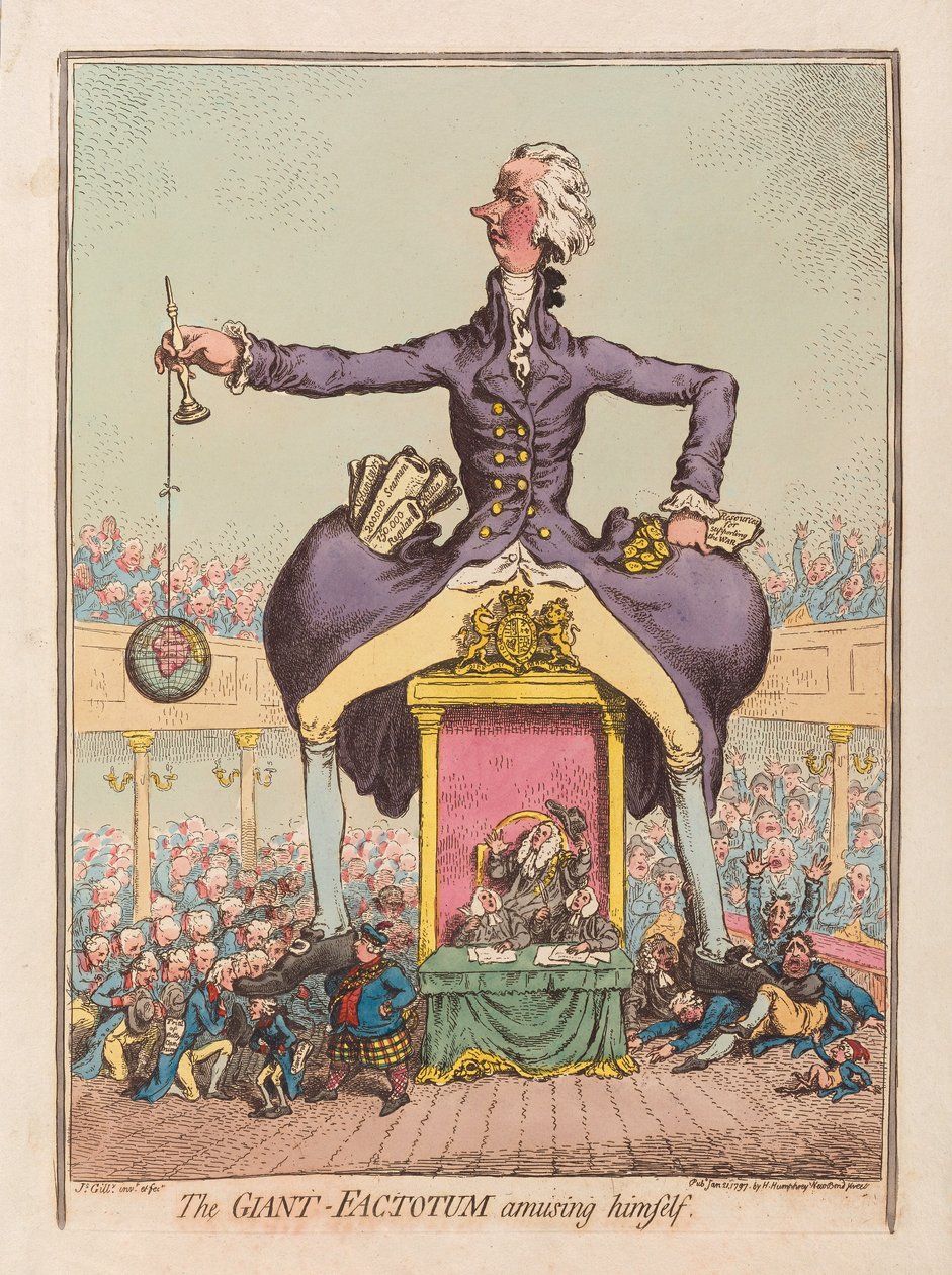 The Giant Factotum underholdende seg selv, pub. 1797 (håndfarget gravering) av James Gillray