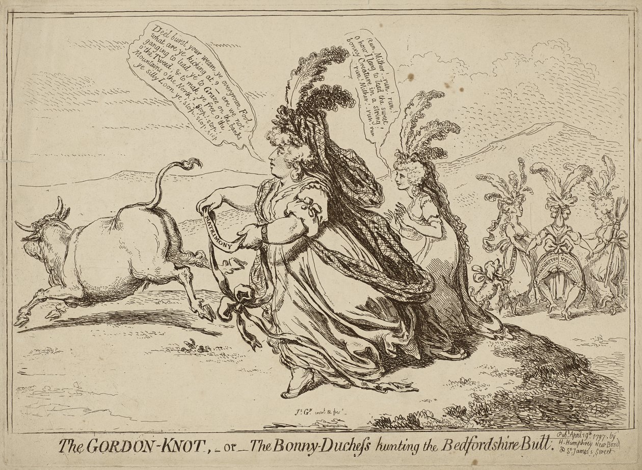 The Gordon Knot eller The Bonny-Duchess Hunting the Bedfordshire Bull, publisert 29. april 1797 (radering på vevd papir) av James Gillray