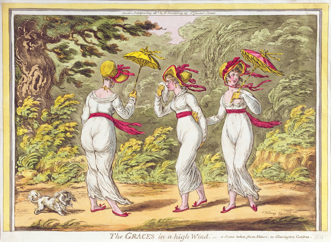 The Graces in a High Wind, en scene hentet fra Nature in Kensington Gardens, pub. av Hannah Humphrey, 1810 av James Gillray