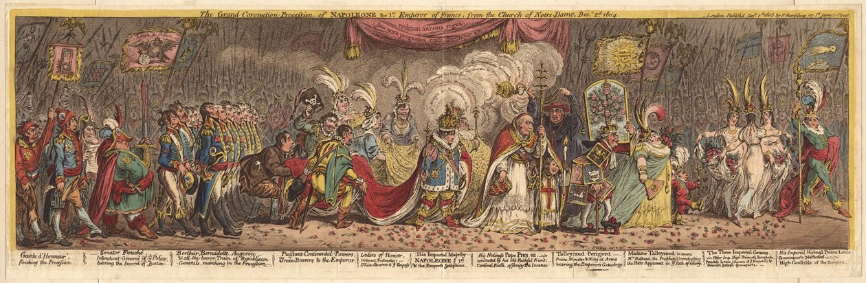 Den store kroningsprosesjonen til Napoleon den første keiseren av Frankrike, fra kirken Notre-Dame, 1805 av James Gillray