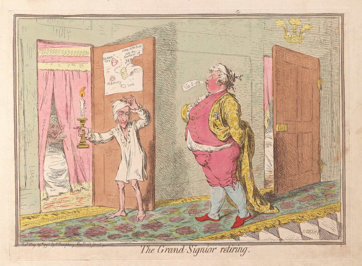 The Grand Signior trekker seg tilbake, pub. 1796 (håndfarget gravering) av James Gillray