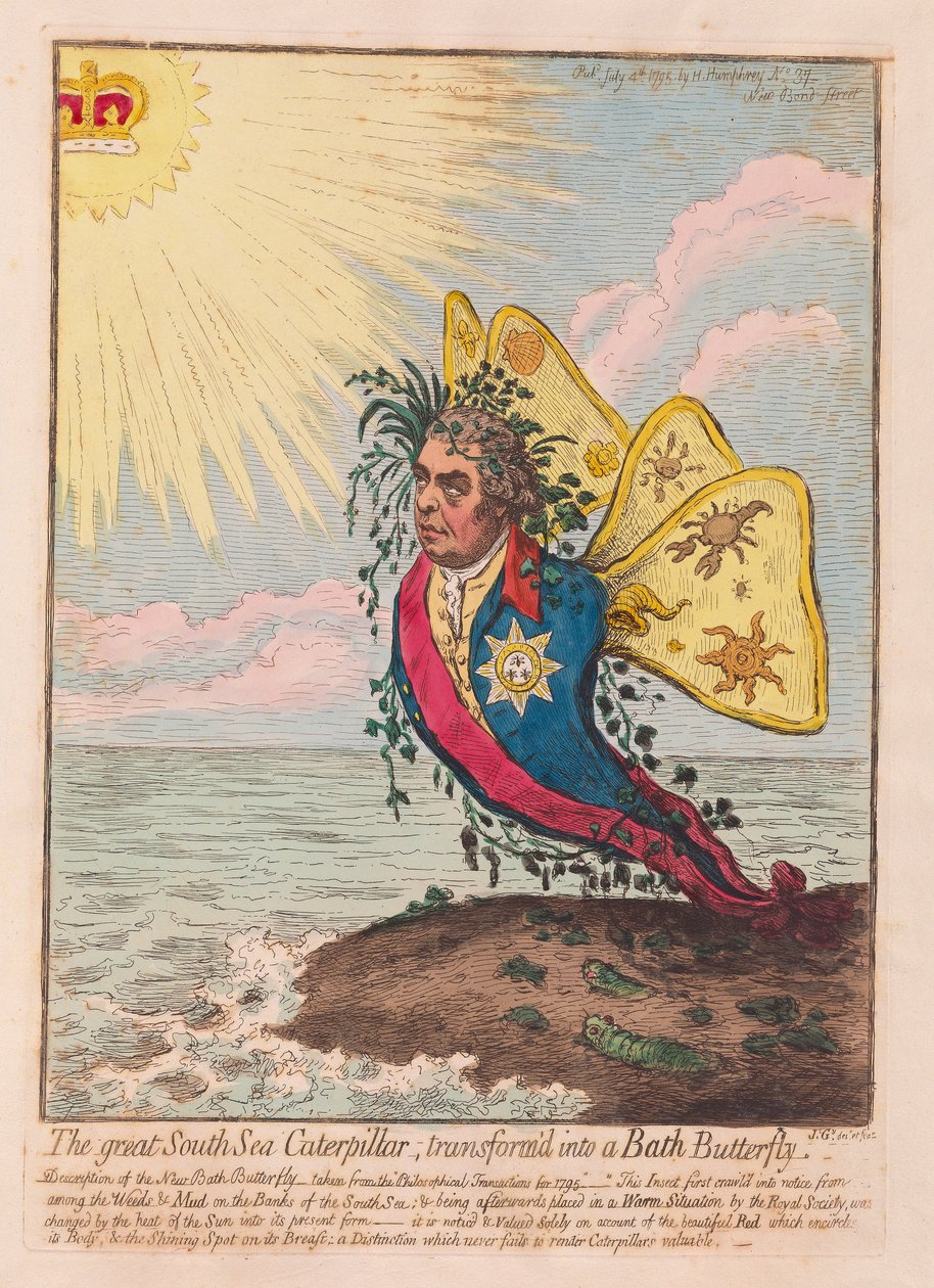 The Great South Sea Caterpillar, forvandlet til en Bath Butterfly, pub. 1792 (håndfarget gravering) av James Gillray