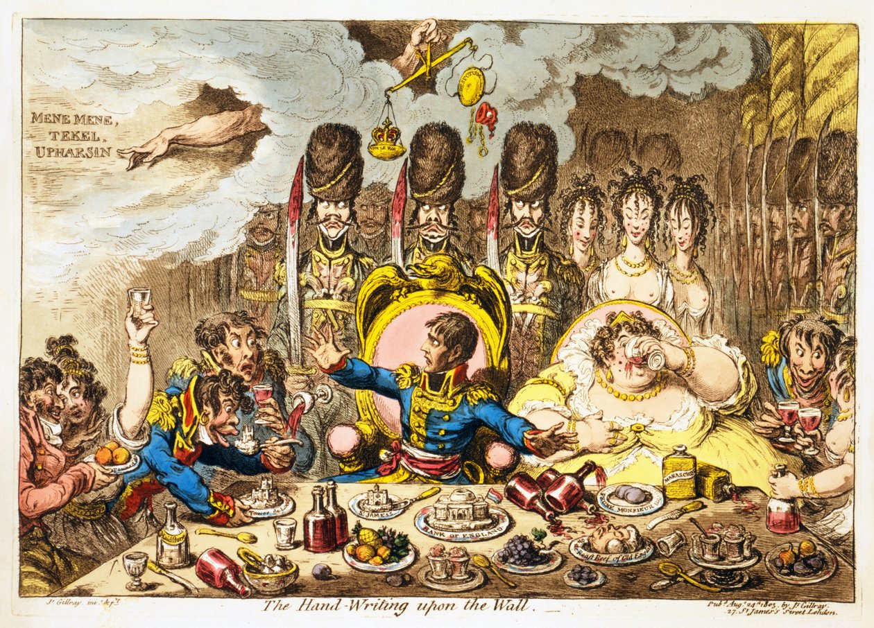 The Hand-Writing upon the Wall, pub. 1803 (håndfarget gravering) av James Gillray