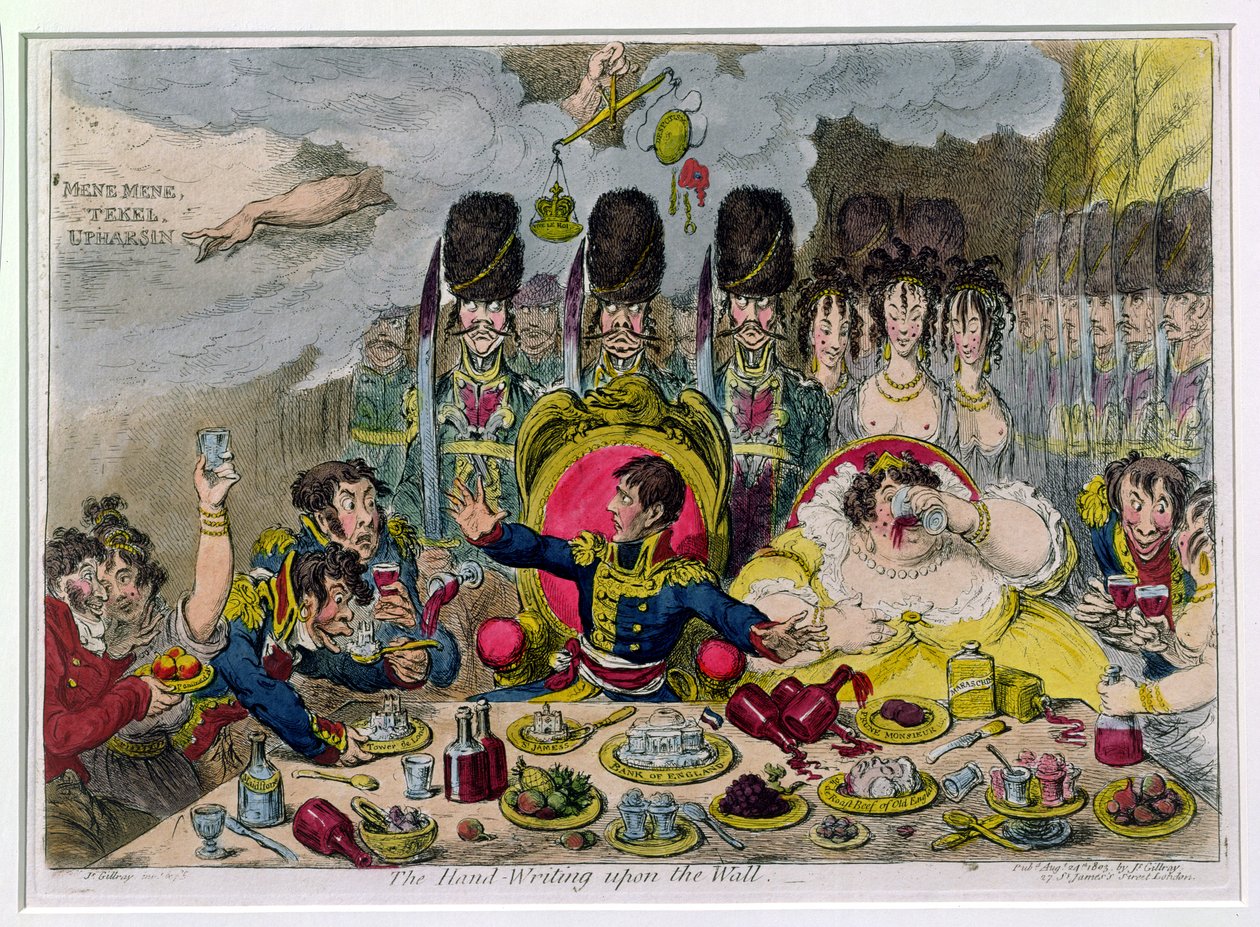 The Hand-Writing upon the Wall, utgitt av Hannah Humphrey i 1803 (håndfarget etsning) av James Gillray