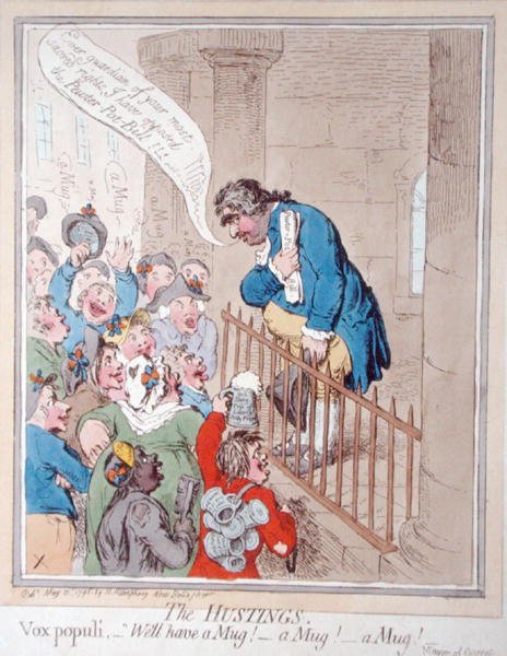 The Hustings, utgitt av Hannah Humphrey i 1796 (håndfarget etsning) av James Gillray