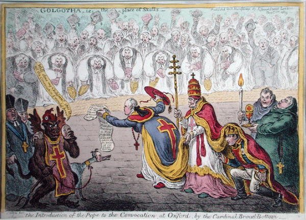 The Introduction of the Pope to the Convocation at Oxford av kardinal Broad-Bottom, utgitt av Hannah Humphrey i 1809 (håndfarget etsning) av James Gillray